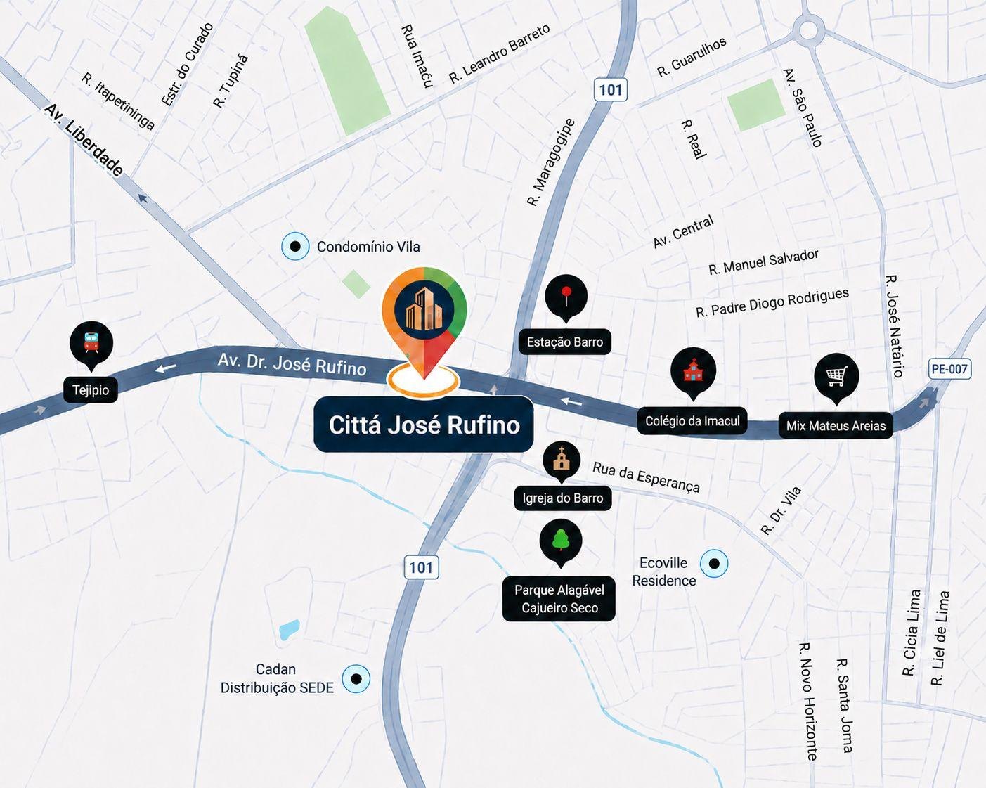 Mapa de localização do Città José Rufino na Av. Dr. José Rufino