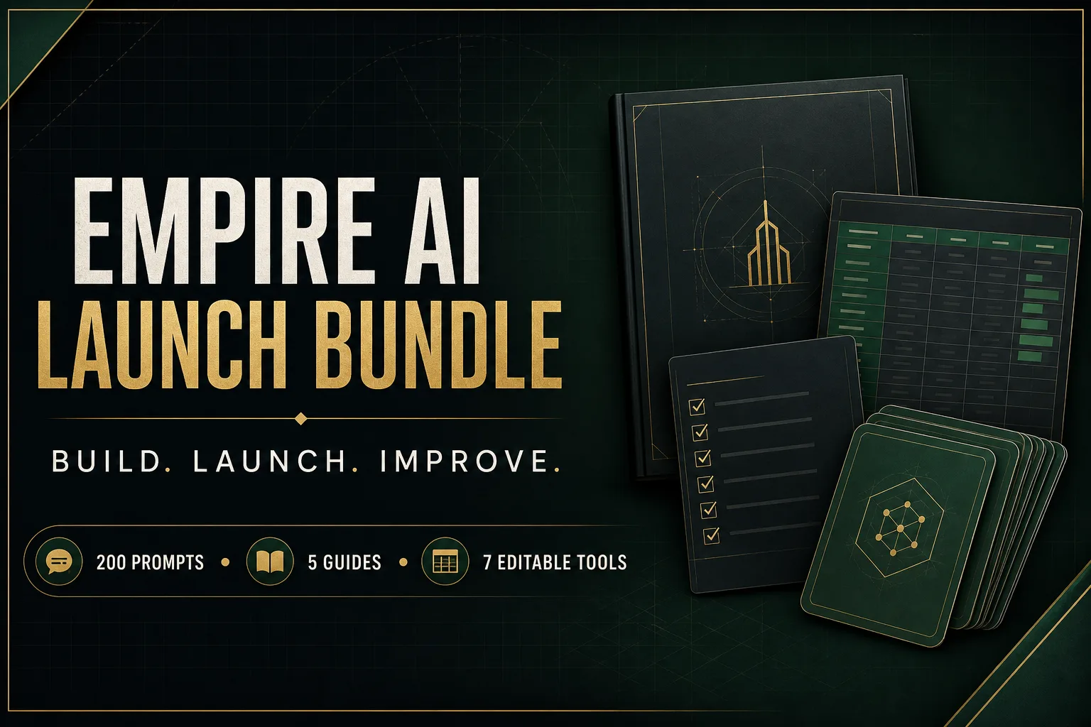 EMPIRE AI Digital Product Launch Bundle with 200 prompts, five guides, and seven editable tools