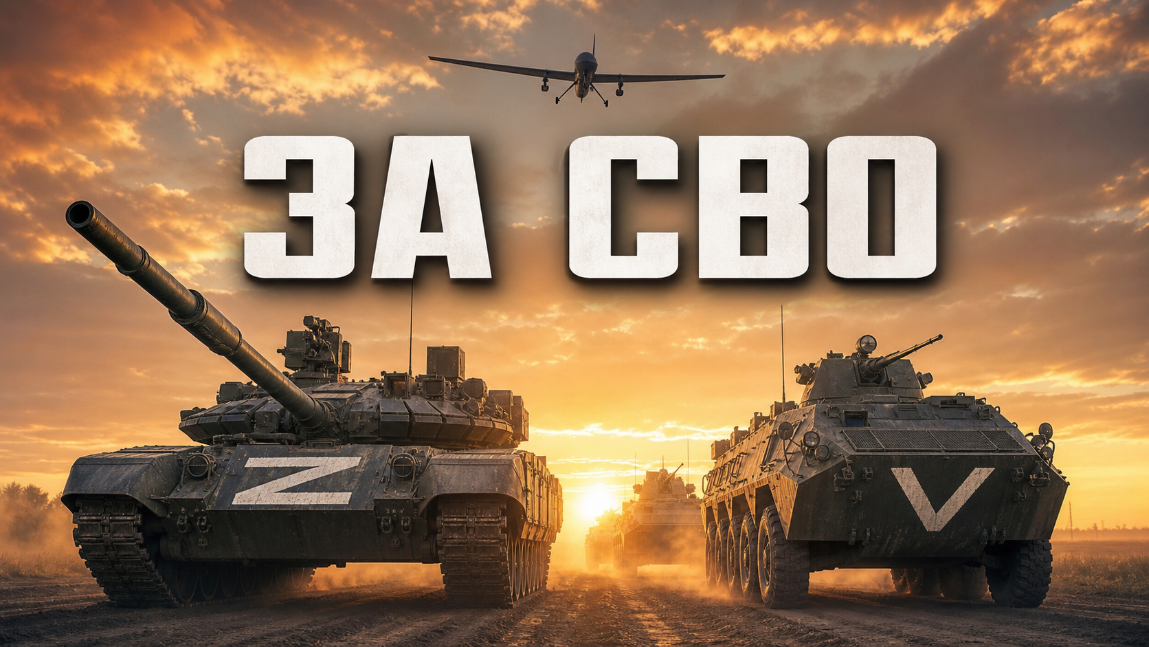 Танк и бронемашина с символами Z и V, беспилотник в небе