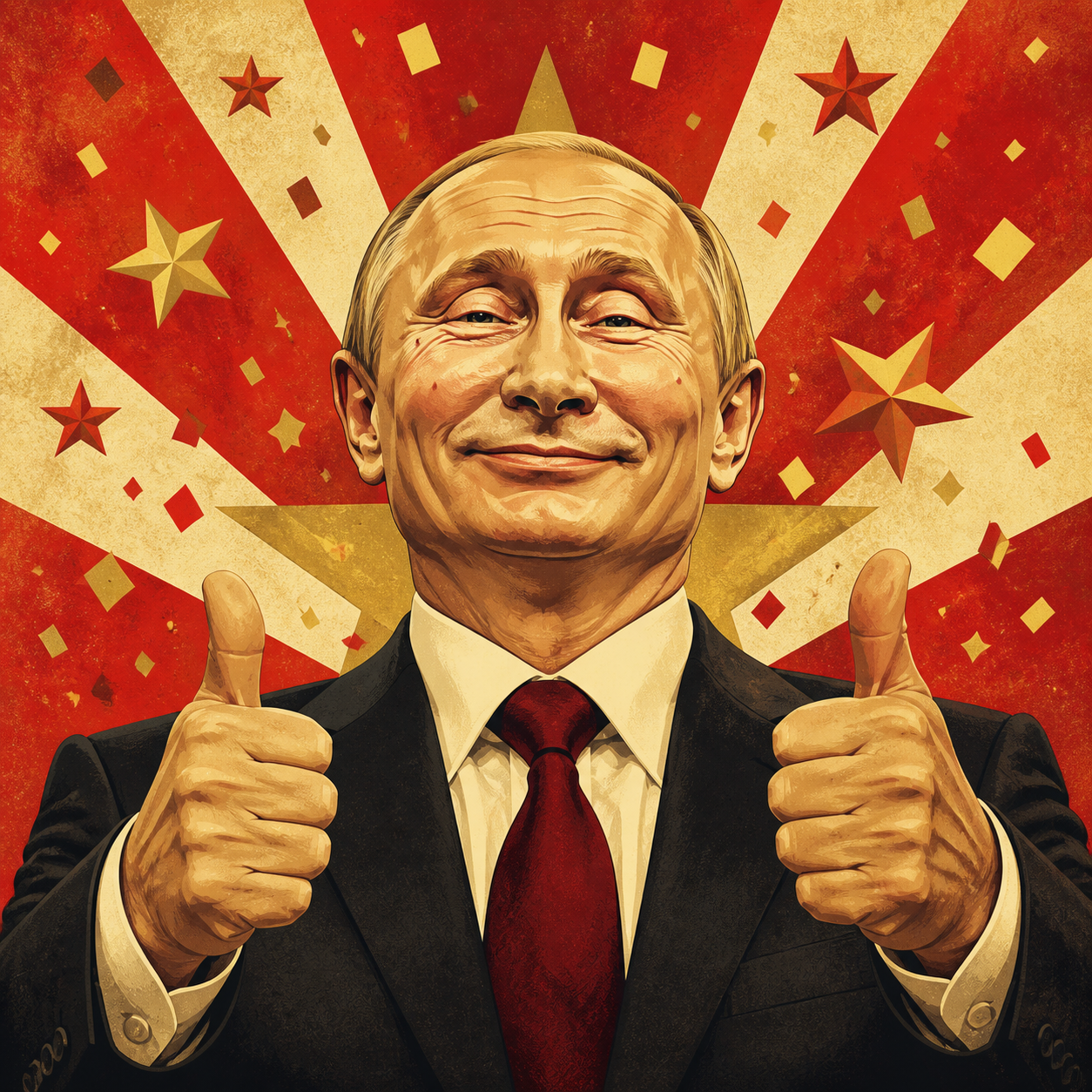 Сатирическая карикатура: довольный Владимир Путин показывает два больших пальца